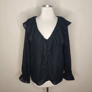 LOFT Ruffled Blouse Top Black Fringe Metallic Long Sleeve